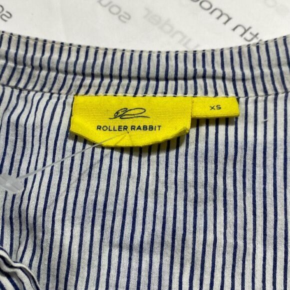 Roller rabbit Navy Pinstriped boho peasant blouse top Hand embroidered 100% Cott - Picture 12 of 14